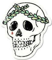 distressed sticker tattoo in traditional style of a skull with laurel wreath crown vector