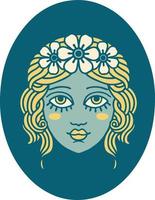 iconic tattoo style image of a maiden with flowers in her hair vector