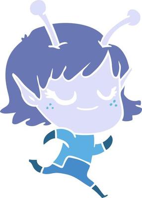 smiling alien girl flat color style cartoon running
