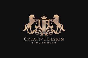 initial UR Retro golden crest with shield and two horses, badge template with scrolls and royal crown - perfect for luxurious branding projects vector