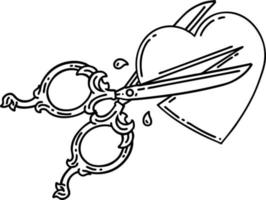 tattoo in black line style of scissors cutting a heart vector