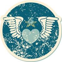 iconic distressed sticker tattoo style image of a heart with wings vector