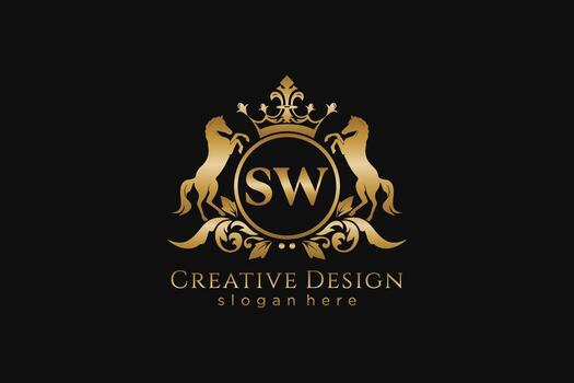 initial SW Retro golden crest with circle and two horses, badge template with scrolls and royal crown - perfect for luxurious branding projects vector