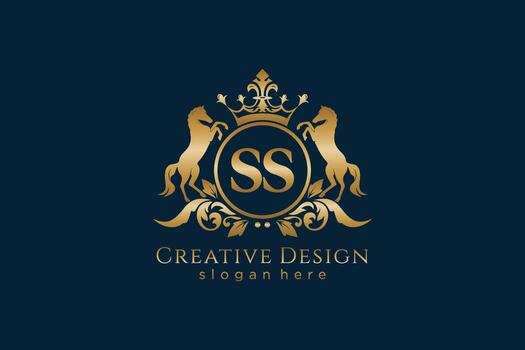 initial SS Retro golden crest with circle and two horses, badge template with scrolls and royal crown - perfect for luxurious branding projects vector