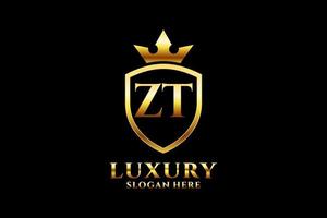 initial ZT elegant luxury monogram logo or badge template with scrolls and royal crown - perfect for luxurious branding projects vector