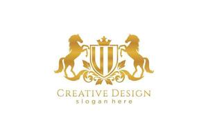 initial UI Retro golden crest with shield and two horses, badge template with scrolls and royal crown - perfect for luxurious branding projects vector