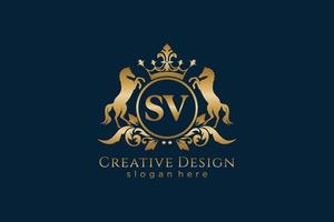 initial SV Retro golden crest with circle and two horses, badge template with scrolls and royal crown - perfect for luxurious branding projects vector