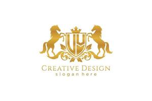 initial UV Retro golden crest with shield and two horses, badge template with scrolls and royal crown - perfect for luxurious branding projects vector