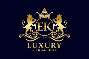 Initial EK Letter Lion Royal Luxury Logo template in vector art for luxurious branding projects and other vector illustration.