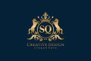 initial SQ Retro golden crest with circle and two horses, badge template with scrolls and royal crown - perfect for luxurious branding projects vector