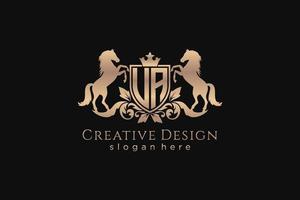 initial UA Retro golden crest with shield and two horses, badge template with scrolls and royal crown - perfect for luxurious branding projects vector