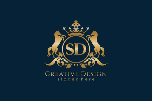 initial SD Retro golden crest with circle and two horses, badge template with scrolls and royal crown - perfect for luxurious branding projects vector