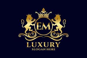 Initial EM Letter Lion Royal Luxury Logo template in vector art for luxurious branding projects and other vector illustration.