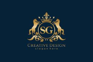 initial SG Retro golden crest with circle and two horses, badge template with scrolls and royal crown - perfect for luxurious branding projects vector
