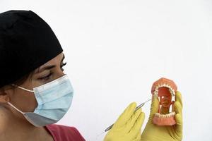 The woman dentist is holding dentures in his hands and instruments photo