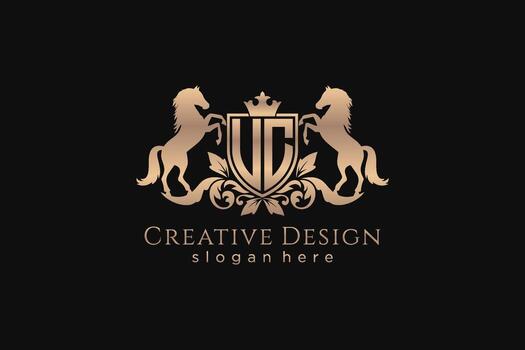 initial UC Retro golden crest with shield and two horses, badge template with scrolls and royal crown - perfect for luxurious branding projects vector
