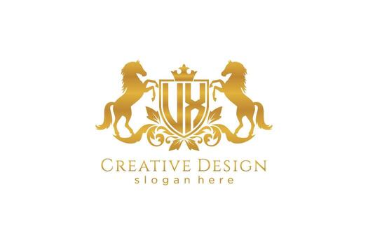 initial UX Retro golden crest with shield and two horses, badge template with scrolls and royal crown - perfect for luxurious branding projects vector
