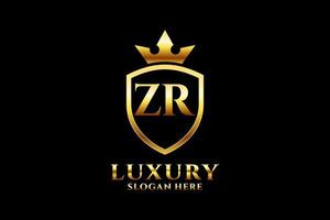 initial ZR elegant luxury monogram logo or badge template with scrolls and royal crown - perfect for luxurious branding projects vector