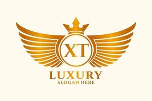 carta de ala real de lujo xt vector de logotipo de color dorado, logotipo de victoria, logotipo de cresta, logotipo de ala, plantilla de logotipo vectorial.