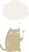 lindo gato de dibujos animados con flor y burbuja de pensamiento en estilo retro vector