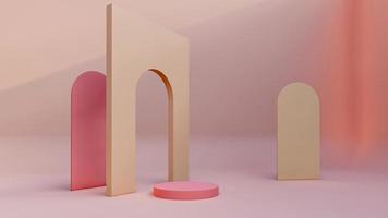 3D render, 3D representation, repodium, product stand. mock up on a pink background texture background photo