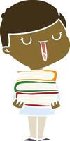 flat color style cartoon happy boy with stack of books vector