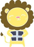 flat color style cartoon lion with christmas present vector