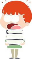 flat color style cartoon shocked boy with stack of books vector