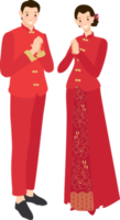 casal de noivos chineses no tradicional vestido vermelho de mãos dadas e saudação para o ano novo chinês png