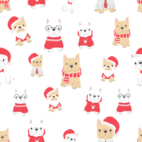 cute french bulldog puppy dog in christmas costume seamless pattern snow background png