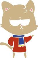 bored flat color style cartoon cat in winter clothes vector