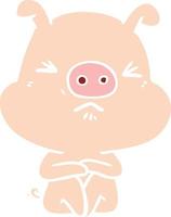 flat color style cartoon angry pig sat waiting vector