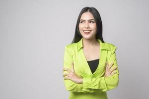 Portrait of beautiful woman over white background studio. photo