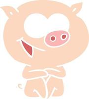 cheerful sitting pig flat color style cartoon vector