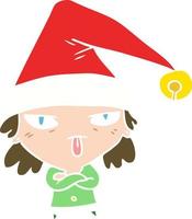 flat color style cartoon girl wearing christmas hat vector