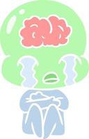 flat color style cartoon big brain alien crying vector