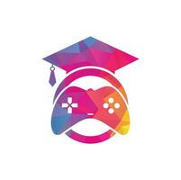 diseño del logotipo del vector educativo del juego. consola de juegos con diseño de icono de gorra de graduación.