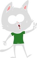 funny flat color style cartoon cat giving peace sign vector