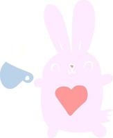 cute flat color style cartoon rabbit with love heart and coffee cup vector