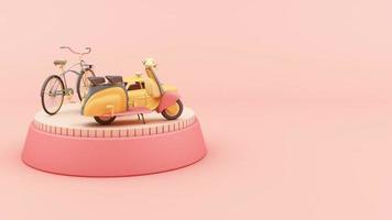 viejo coche en color rosa y viejo escritor radio scooter bicicleta en colorido tono pastel bucle de animación 3d video