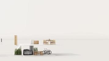 una sección transversal de una casa. concepto de trabajo desde casa, objetivo de la vida, equilibrio laboral con muebles utilizados en la vida diaria. en tonos blancos y madera, renderizado 3d realista e ilustración. video