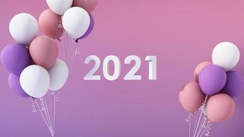 2022 text on a purple and pink background of color trends that is transitioning between 2021 and 2022, with balloons slowly spinning next to it. 3d render animation video