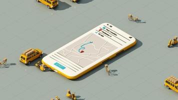 Fast delivery by scooter bike and van with mobile. E-commerce concept. Online food and shopping order with route map. Webpage, app design. yellow and gray. isometric 3d render animation looped video