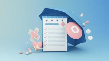 health insurance form surrounded by shields Heart shapes and rates and umbrellas and pills. first aid box on pastel blue and pink background 3d render animation looped