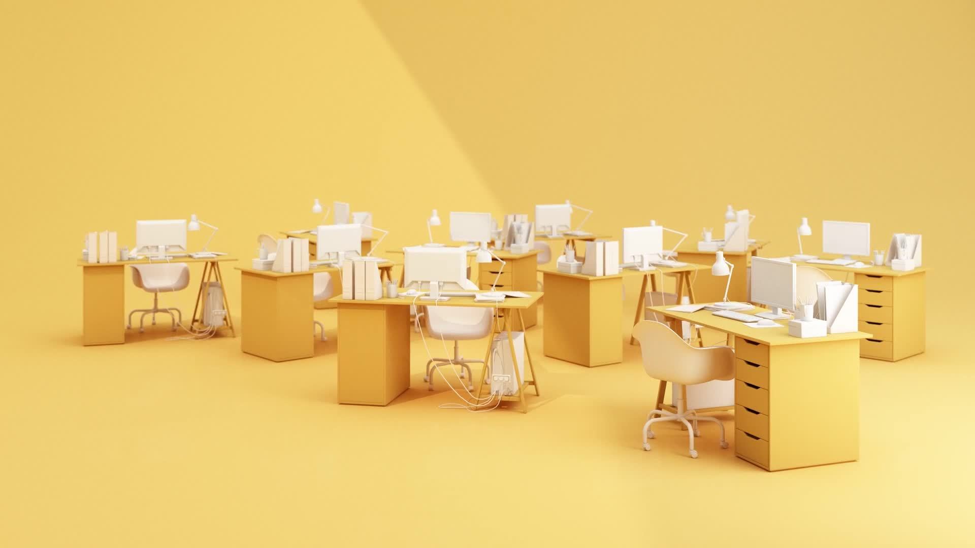 Yellow desk Equipped with working equipment Computers and documents Spin  around itself On a yellow background looped animation 12166929 Stock Video  at Vecteezy