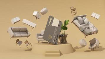 Buying furniture and home decorations online by paying via credit card. select online shopping furniture. with AR application used to simulate furniture and design products realistic 3d render video