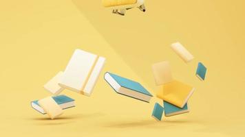 Back to school with school supplies and equipment. background and poster for back to school. Lots of books in pastel colors with floating school bags. on yellow pastel tone. 3d render animation loop video