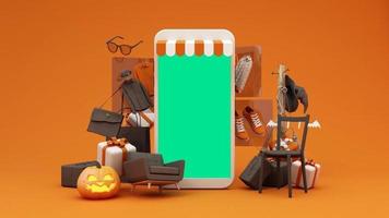 cartel de promoción de venta de halloween o pancarta con calabaza de halloween y ropa de compras de moda y caja de regalo con podio de producto, plantilla de halloween de fondo, pantalla verde. Bucle de animación de renderizado 3d video