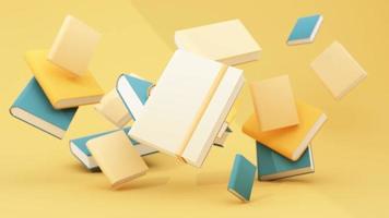 Back to school with school supplies and equipment. background and poster for back to school. Lots of books in pastel colors with floating school bags. on yellow pastel tone. 3d render animation loop