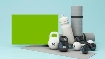 illustration, sport fitness equipment, male and female concept, yoga mat, bottle of water, dumbbells, weights, with Fitness shoes and pulse watches in pastel tone. 3d render animation loop video